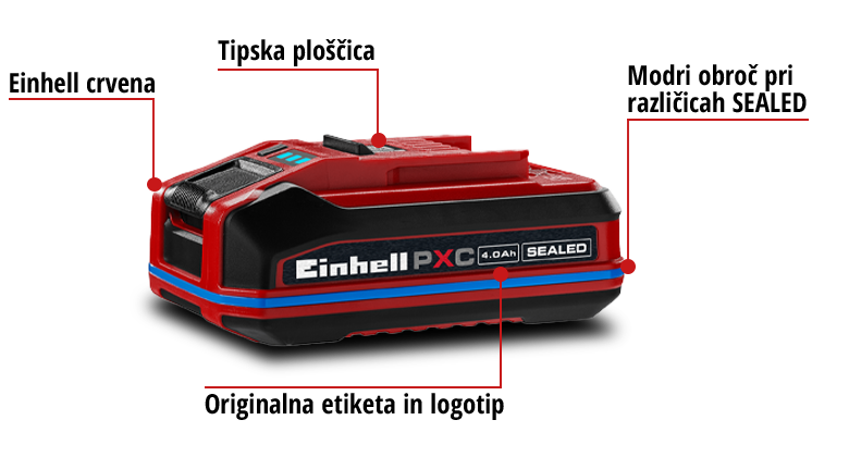 Einhell Power X-Change SEALED baterija s plavim prstenom, tipskom oznakom i originalnim brendiranjem u preglednoj grafici.