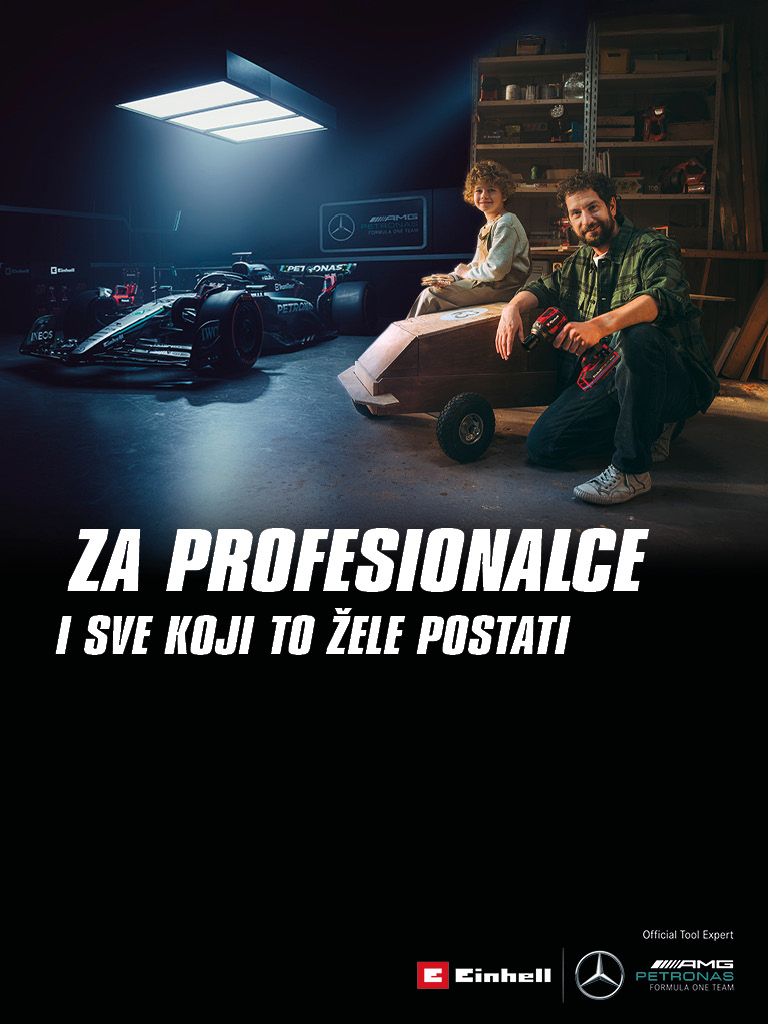 Otac i dijete u radionici uz vlastiti saputnički auto na koliesima (vozilo od sapuna). U pozadini se vidi trkaći automobil Mercedes-AMG PETRONAS Formula One i alati Einhell. Tekst s desne strane glasi: „Za profesionalce i sve koji to žele postati."