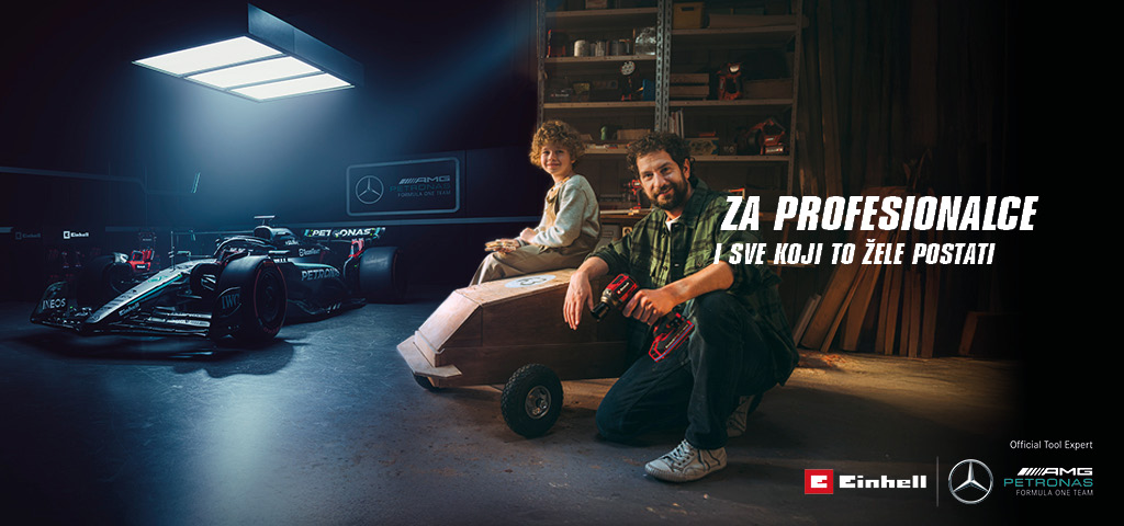 Otac i dijete u radionici uz vlastiti saputnički auto na koliesima (vozilo od sapuna). U pozadini se vidi trkaći automobil Mercedes-AMG PETRONAS Formula One i alati Einhell. Tekst s desne strane glasi: „Za profesionalce i sve koji to žele postati."