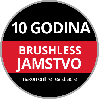 Okrugli logotip jamstva s natpisom "10 godina Brushless jamstva, pri online registraciji" na crnoj i crvenoj pozadini.
