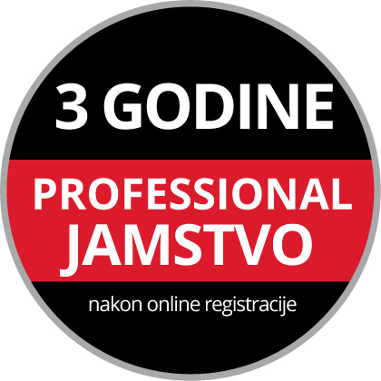 Okrugli logotip jamstva s natpisom "3 godine Professional jamstva, pri online registraciji" na crnoj i crvenoj pozadini.