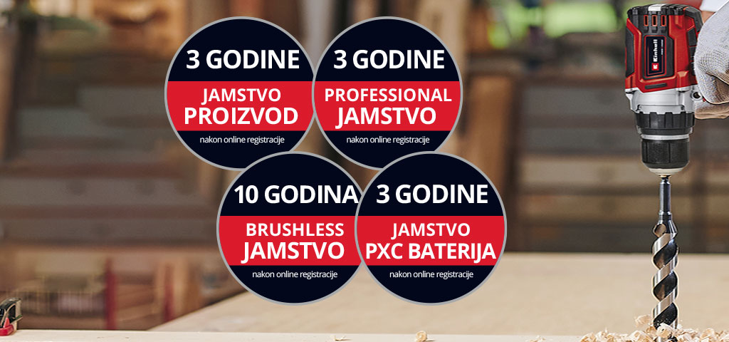 "Ovdje možete vidjeti muškarca u radionici kako koristi Einhell bušilicu. Osim toga, na slici su postavljene ikone za različite vrste produženja jamstva. Sljedeća produženja jamstva su moguća: ‘Jamstvo proizvoda’, ‘Professional Jamstvo’, ‘Brushless Jamstvo’ i ‘Jamstvo za bateriju’."
