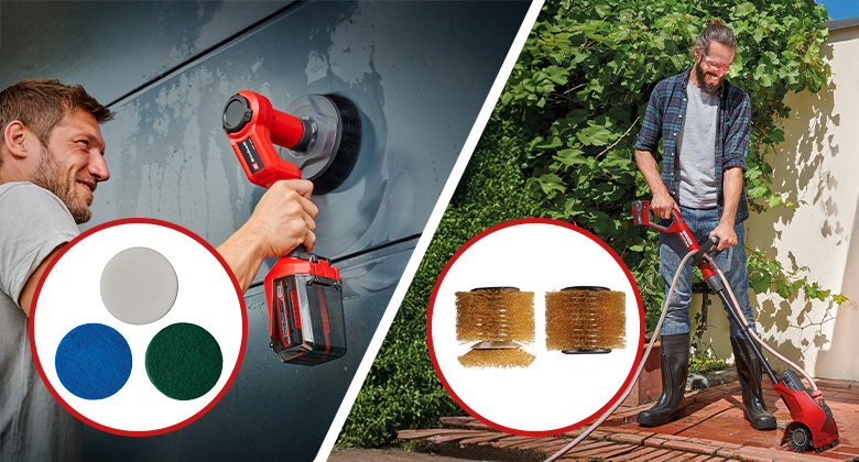 On the left, a man cleans a metal facade with a cordless surface brush, with three cleaning pads next to him. On the right, another man cleans a stone terrace, with two steel brushes as accessories.