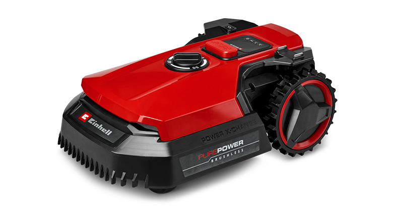 Robotska kosilica Einhell FREELEXO 500 u crvenoj boji s crnim naglascima, velikim kotačima i elegantnim, modernim dizajnom.