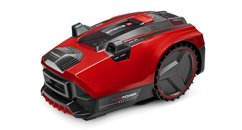 Robotska kosilica Einhell FREELEXO CAM PLUS 600 u crvenoj boji, s velikim kotačima, kamerama i natpisom „Pure Power Brushless“.