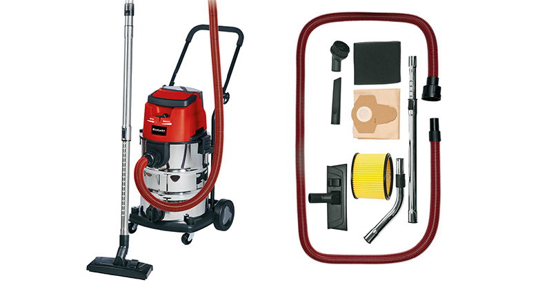 Einhell wet/dry vacuum with various accessories on a white background